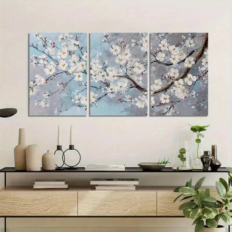 3pcs Cherry Blossom Painting on Grey Background Metal Print Ready to Hang Art