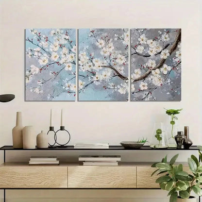 3pcs Cherry Blossom Painting on Grey Background Metal Print Ready to Hang Art