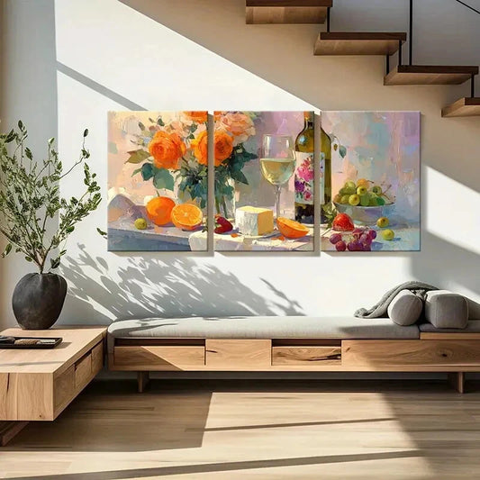 3pcs Floral Still Life Wine Glass Cheese Fruits Metal Print Ready to Hang Art