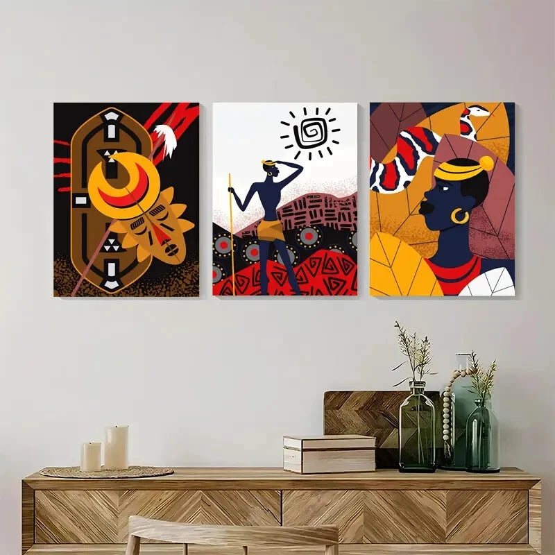 3pcs African Tribal Geometric & Floral Patterns Metal Print Ready to Hang Art