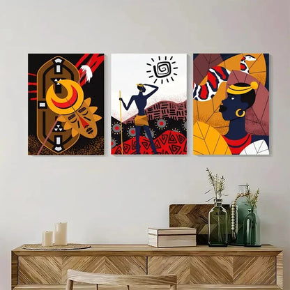 3pcs African Tribal Geometric & Floral Patterns Metal Print Ready to Hang Art