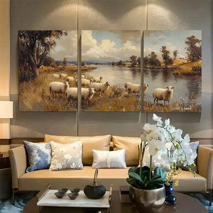 3pcs Sheep Grazing By The River Metal Print Ready to Hang Art