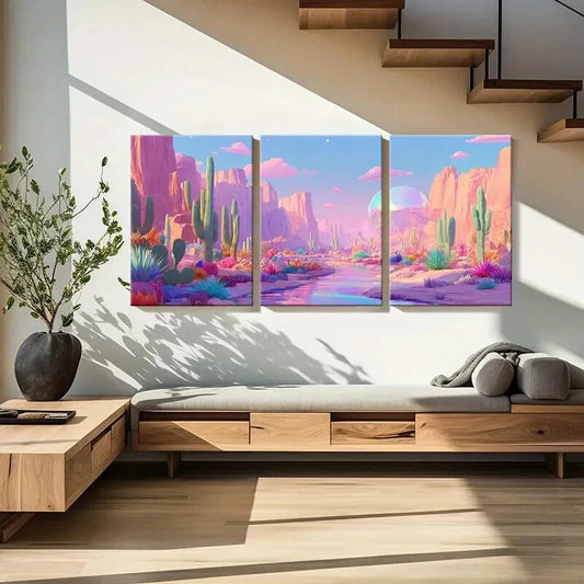 3pcs Vibrant Cactus & Rock Formation Art Metal Print Ready to Hang Art