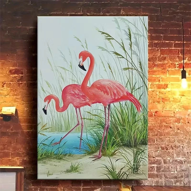 Vibrant Pink Flamingo by the Oasis Shore 40x60cm Metal Print Ready to Hang