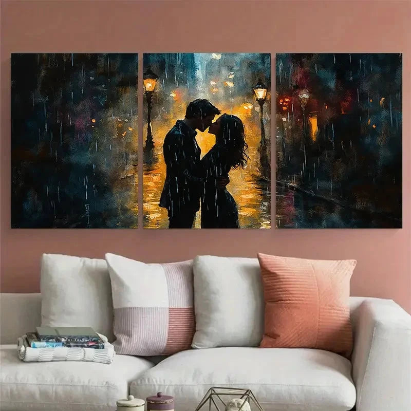 3pcs Romantic Couple Kissing in Rainy City Street Metal Print Ready to Hang Art