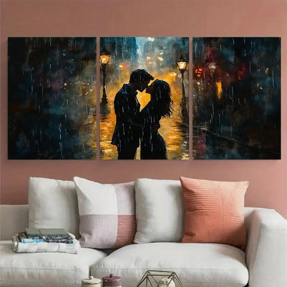 3pcs Romantic Couple Kissing in Rainy City Street Metal Print Ready to Hang Art