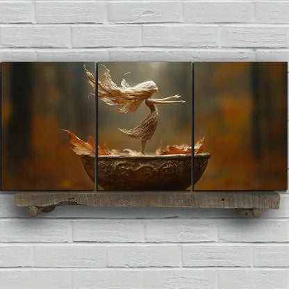 3pcs The Leaf Girl Dancing Golden Leaves Metal Print Ready to Hang Art