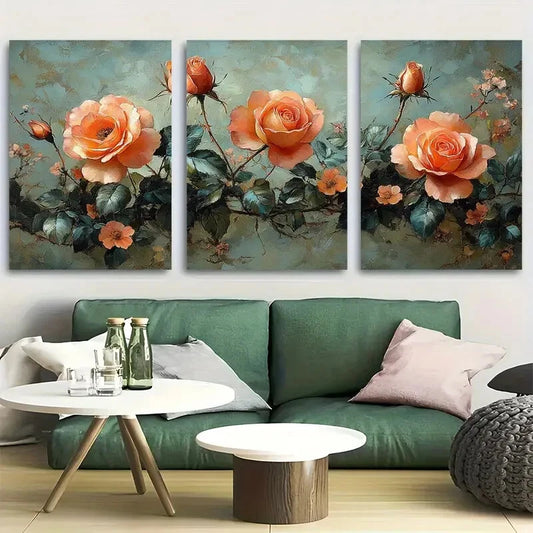 3pcs Peach and Pink Roses Cottagecore Botanical Metal Print Ready to Hang Art