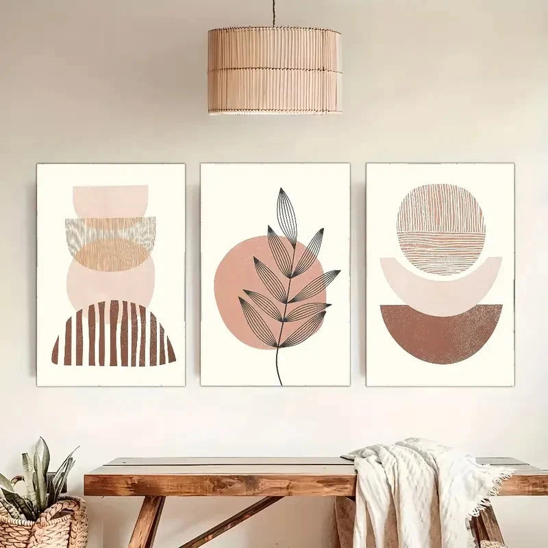 3pcs Featuring Beige Abstract Geometric Leaves Metal Print Ready to Hang Art