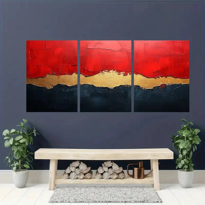3pcs Abstract Red Beige & Black Textured Metal Print Ready to Hang Art