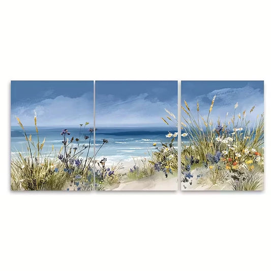 3pcs Grass Landscape Seashore Wildflowers Metal Print Ready to Hang Art