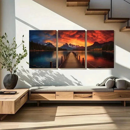 3pcs Sunset Lake Mountains Dock Reflections Wall Art Set Canvas Framed 50x70cm - High Quality Print 100% Australian Made Wall Canvas Ready to Hang