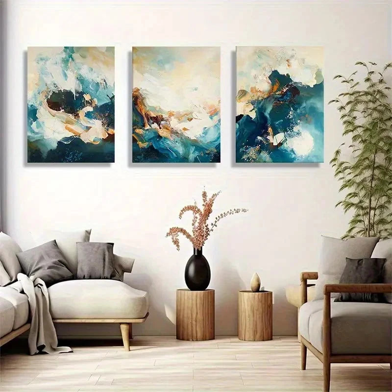 3pcs Abstract Blue and Golden Wave Painting Metal Print Ready to Hang Art