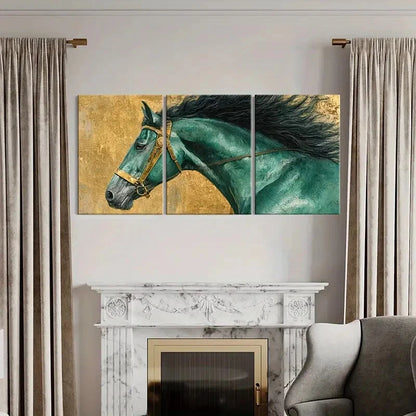 3pcs Turquoise Horse Golden Bridle Dynamic Metal Print Ready to Hang Art