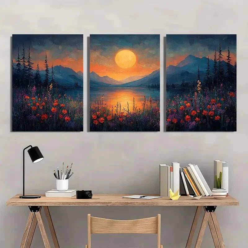 3pcs Moonlit Meadow Wildflower Paintings Metal Print Ready to Hang Art