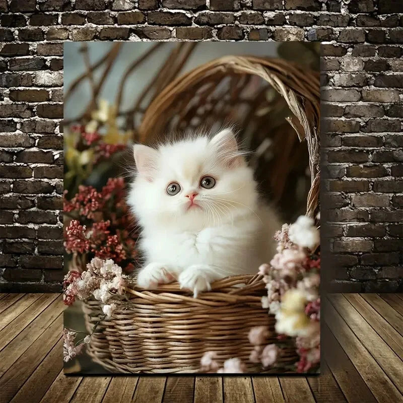 Cute Persian Cat Kitten with Flowers in Wicker Basket  40x60cm Metal Print Ready to Hang