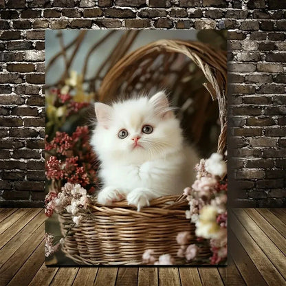 Cute Persian Cat Kitten with Flowers in Wicker Basket  40x60cm Metal Print Ready to Hang