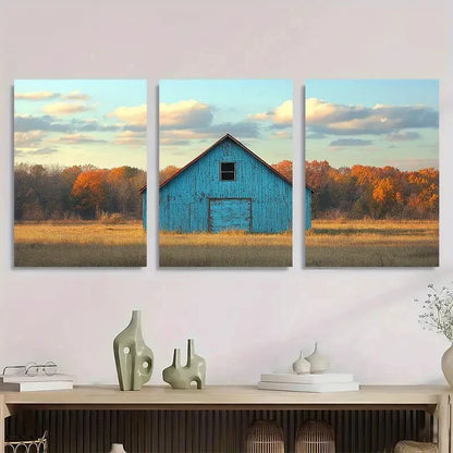 3pcs Rustic Farmhouse Teal Gray Barn Metal Print Ready to Hang Art