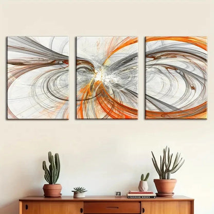 3pcs Featuring Abstract Orange And Gray Lines Metal Print Ready to Hang Art