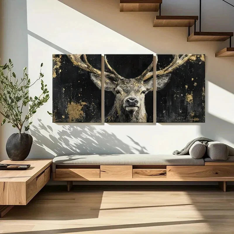 3pcs Abstract Golden Deer Portrait with Antlers Metal Print Ready to Hang Art