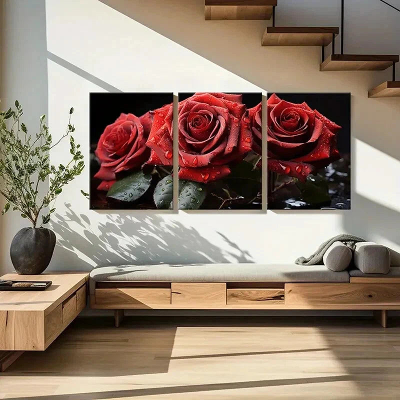 3pcs Set of Elegant Red Roses with Dew Drops Metal Print Ready to Hang Art