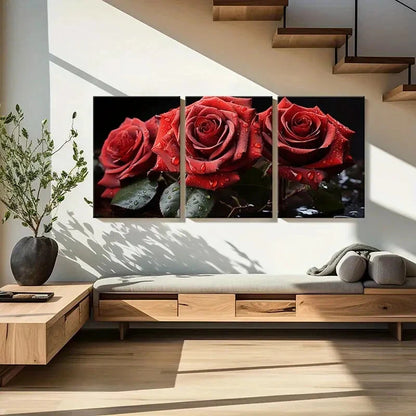 3pcs Set of Elegant Red Roses with Dew Drops Metal Print Ready to Hang Art