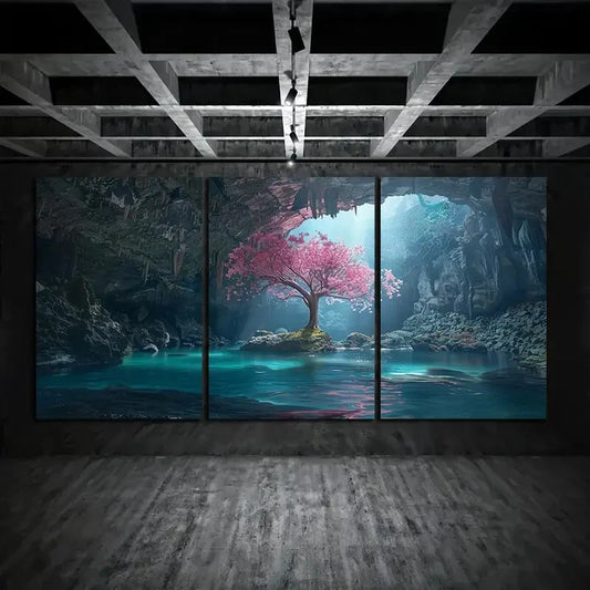 3pcs Large Cave With Water and Pink Trees Metal Print Ready to Hang Art