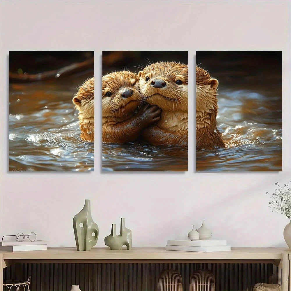 3pcs Modern Retro Otter Hug Funny Animal Metal Print Ready to Hang Art
