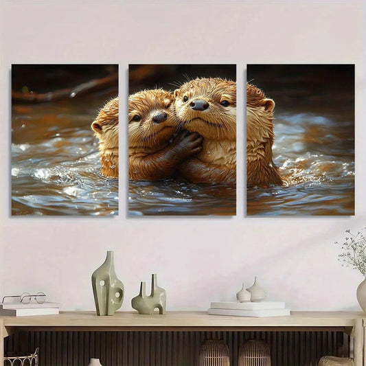 3pcs Modern Retro Otter Hug Funny Animal Metal Print Ready to Hang Art
