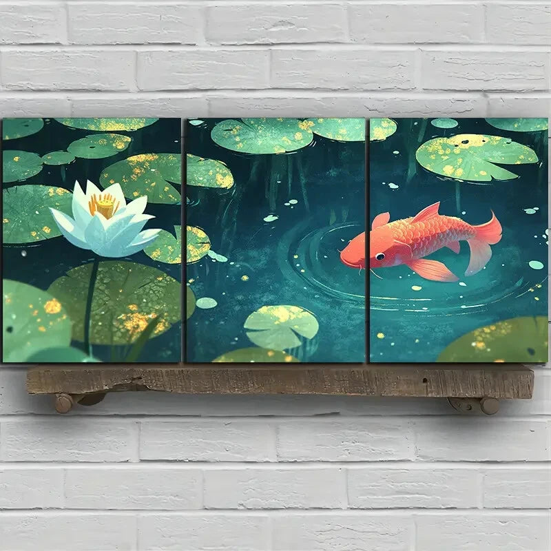 3pcs Koi Swimming in The Pond Metal Print Ready to Hang Art