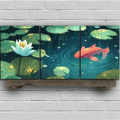 3pcs Koi Swimming in The Pond Metal Print Ready to Hang Art