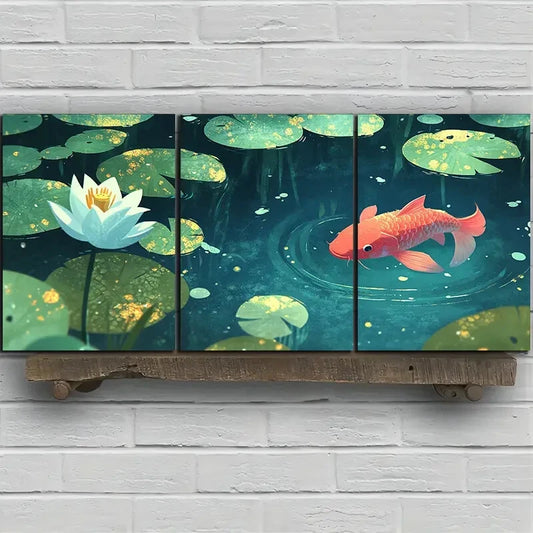 3pcs Koi Swimming in The Pond Metal Print Ready to Hang Art