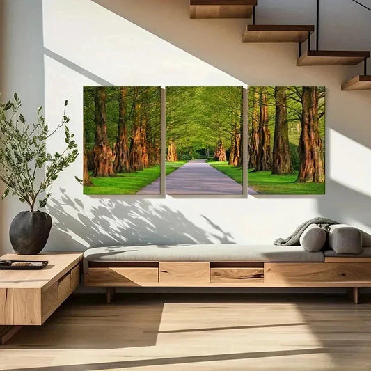 3pcs Road Lined with Tree Green Leave Wall Art Set Canvas Framed 40x60cm - High Quality Print 100% Australian Made Wall Canvas Ready to Hang