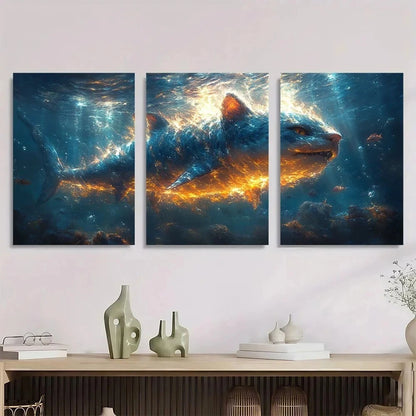 3pcs Whimsical Cat Shark Ocean Adventure Metal Print Ready to Hang Art