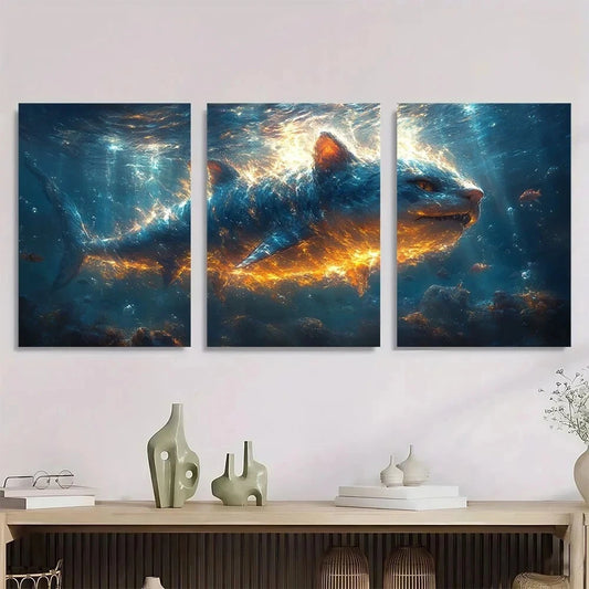 3pcs Whimsical Cat Shark Ocean Adventure Metal Print Ready to Hang Art