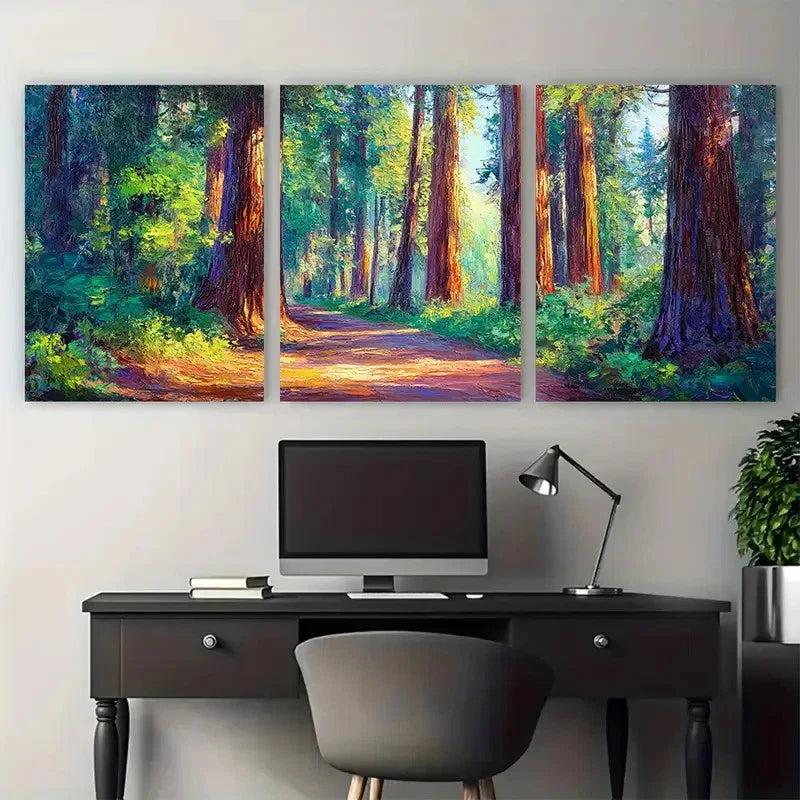 3pcs Redwood Park California Forest Impasto Design Metal Print Ready to Hang Art