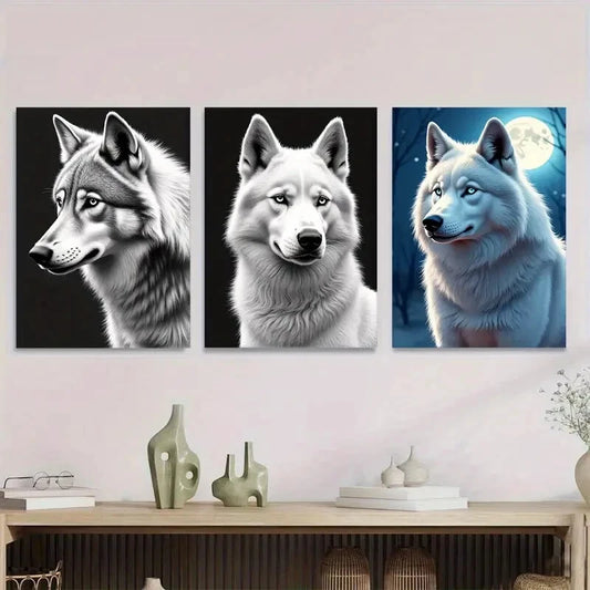 3pcs Wolf Black and White with Stunning Blue Eye Metal Print Ready to Hang Art