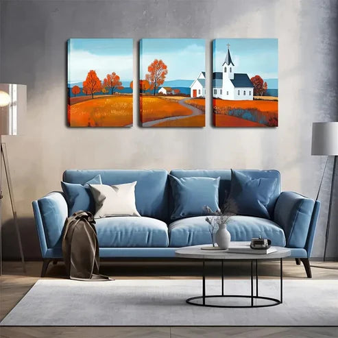 3pcs Countryside Scene with Church & Orange Wall Art Canvas Unframed - High Quality Print 100% Australian Made Wall Canvas