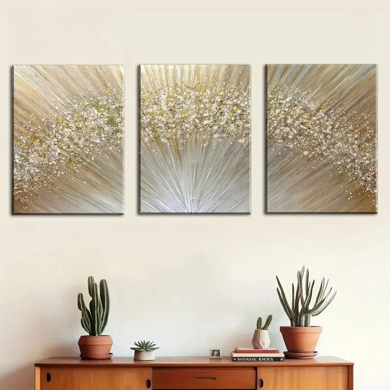 3pcs Golden Abstract Light Paintings Metal Print Ready to Hang Art