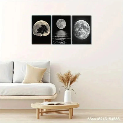 3pcs Moon and Sea Trees Black and White Art Deco Metal Print Ready to Hang Art