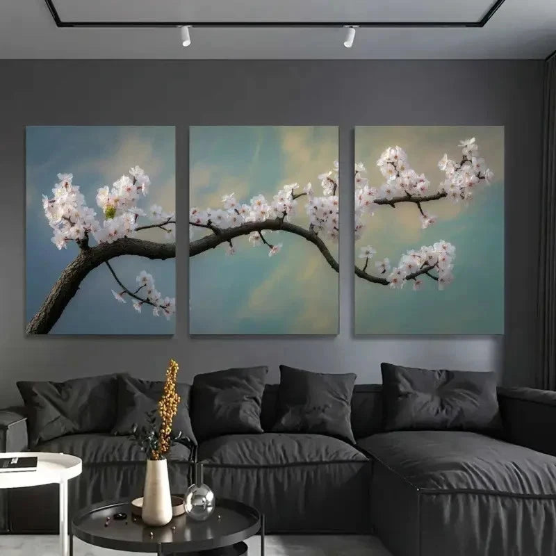 3pcs Landscape Painting with Pink Blossoms & Blue Metal Print Ready to Hang Art