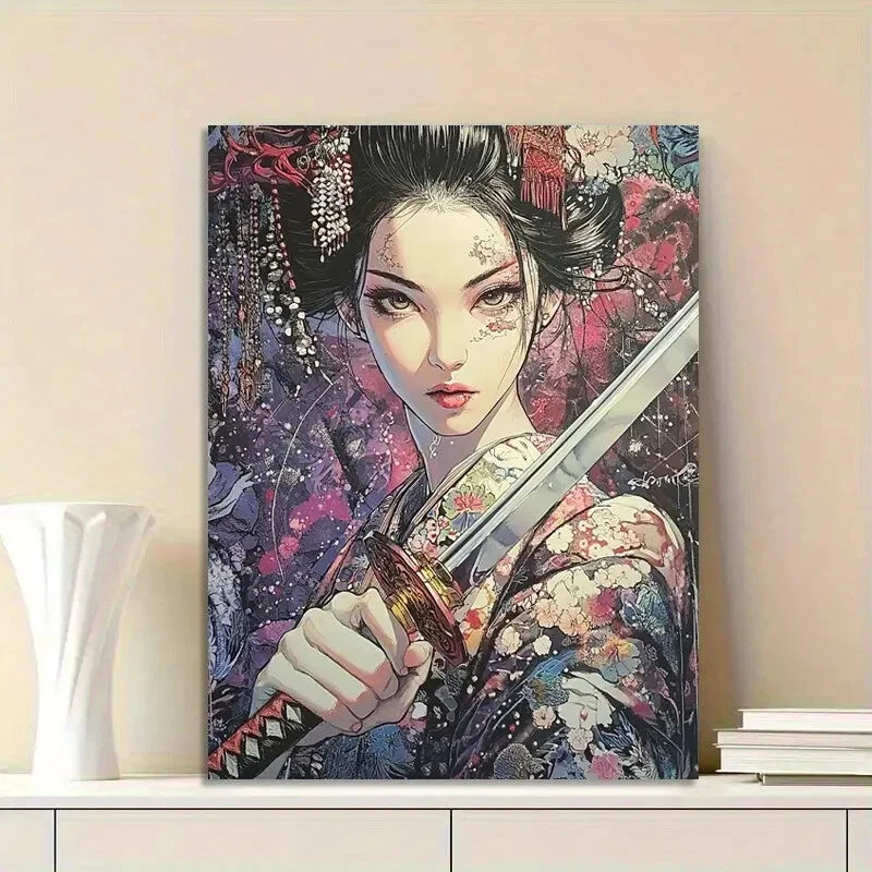 Beautiful Geisha Woman with Sword Face And Eyes 40x60cm Metal Print Ready to Hang