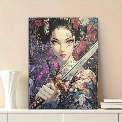 Beautiful Geisha Woman with Sword Face And Eyes 40x60cm Metal Print Ready to Hang
