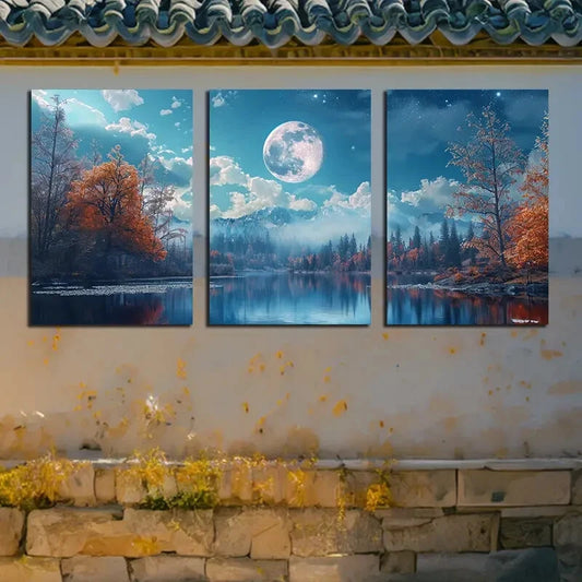 3pcs Autumn Forest & Full Moon Over Lake Scene Metal Print Ready to Hang Art