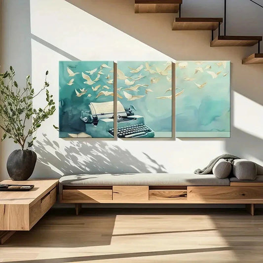 3pcs Flying Birds Typewriter Vintage Art Painting Metal Print Ready to Hang Art