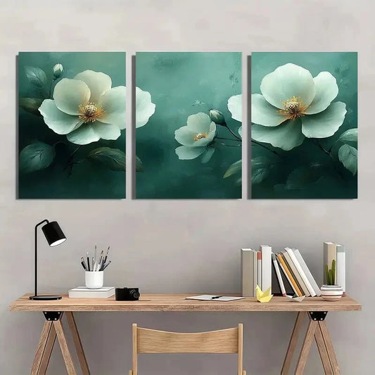 3pcs Light Green Floral Theme Metal Print Ready to Hang Art