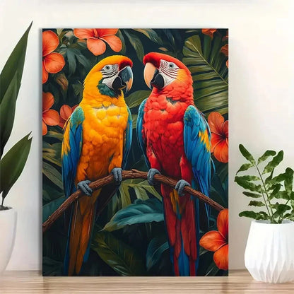 Beautiful Vibrant Macaws Tropical Flowers Painting 40x60cm Metal Print Ready to Hang