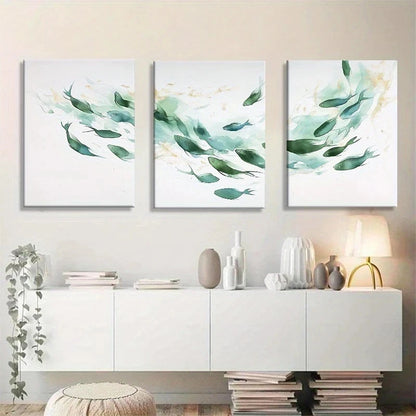 3pcs Abstract Ocean Green Blue Fish Metal Print Ready to Hang Art