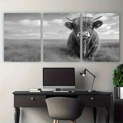 3pcs Black & White Rustic Scottish Highland Bull Wall Art Set Canvas Framed 40x60cm - High Quality Print 100% Australian Made Wall Canvas Ready to Hang