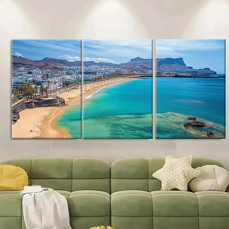 3pcs Vibrant Ocean View with Sandy Beach Turquoise Metal Print Ready to Hang Art